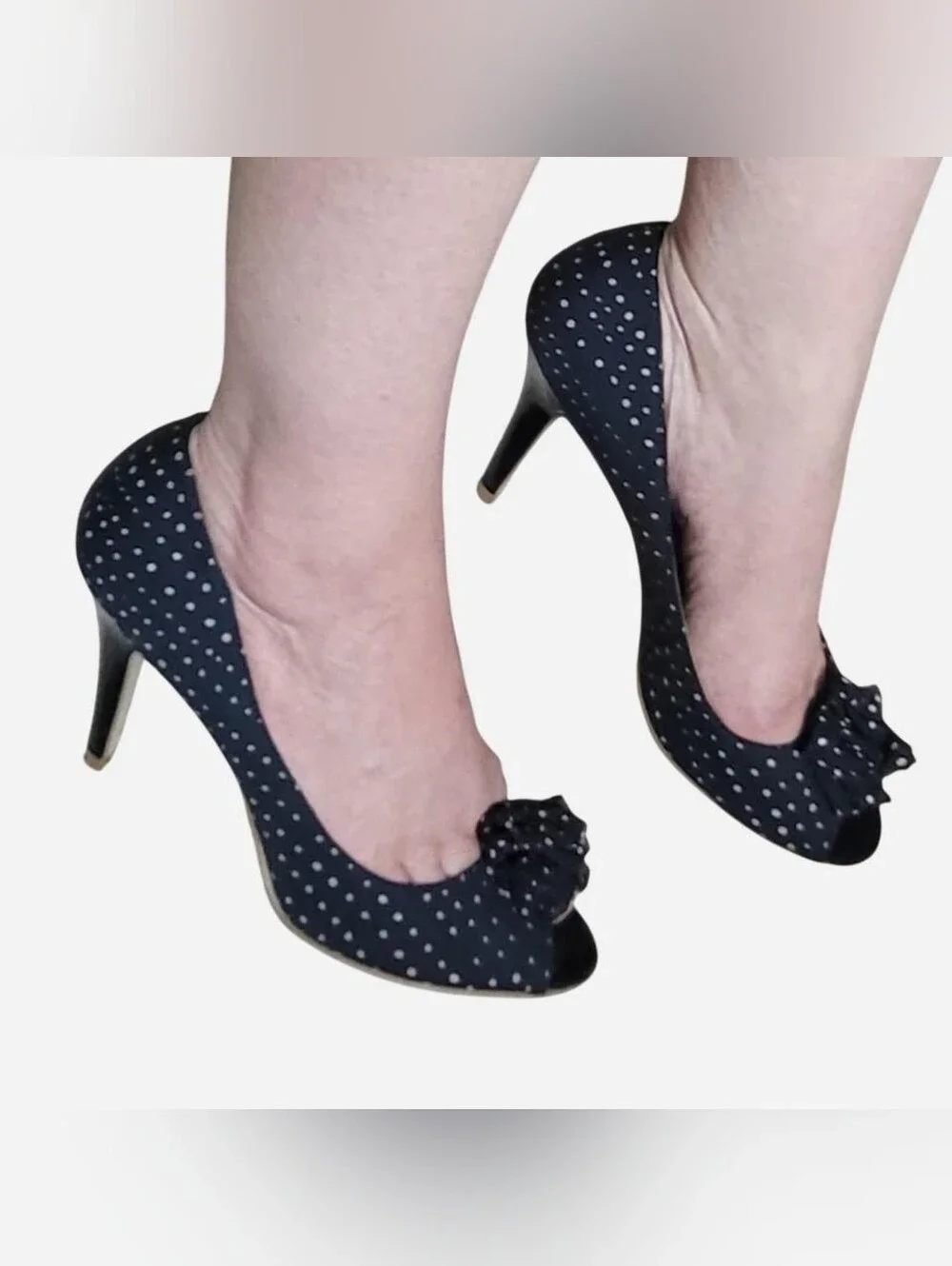 Navy Pink Polka Dot Peep-Toe Heels with Floral Accent Sz 9